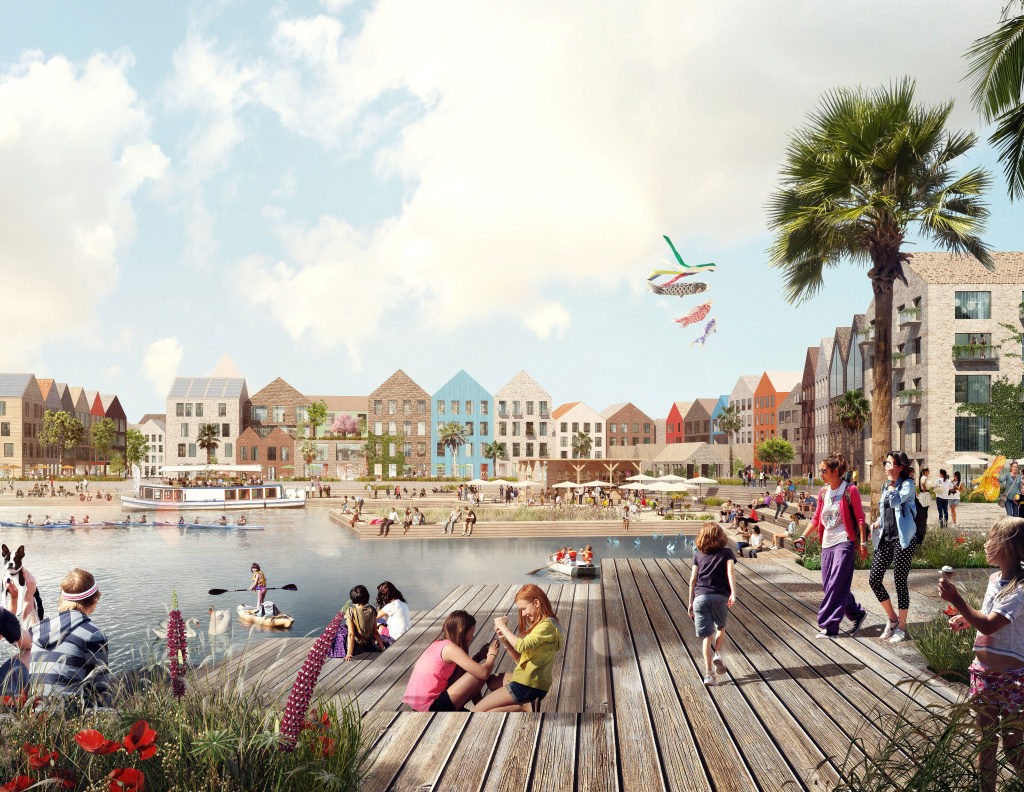 Visionsbild med brygga, palmer och människor.