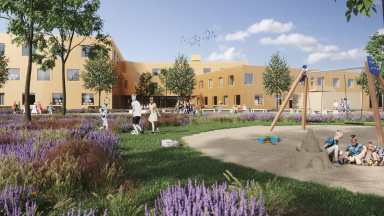 Visionsbild av skolgård med skolbyggnad i bakgrunden